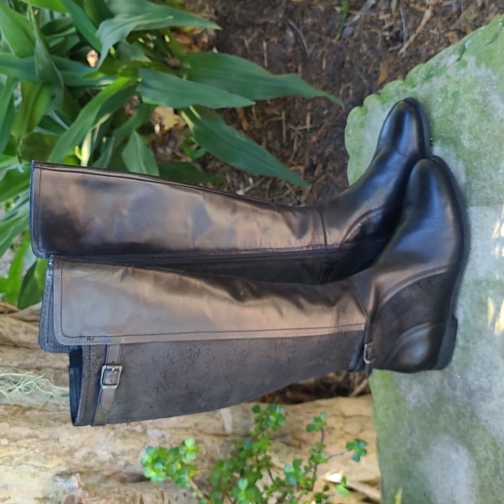 Ugg black leather Danae buckled tall riding boot, size 8.5 S/N 1008683